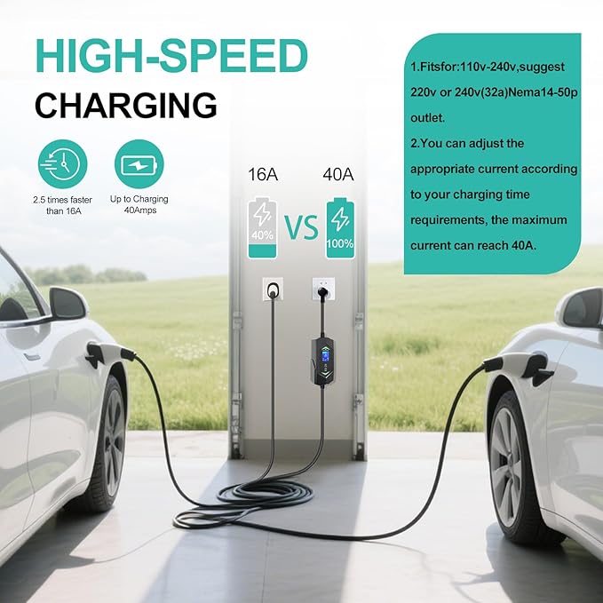 Portable Level 2 Ev Charger for All SAE J1772 EVs &, 25ft ETL Listed Electric Vehicle Charger (40A,NEMA14-50(Plug Play))