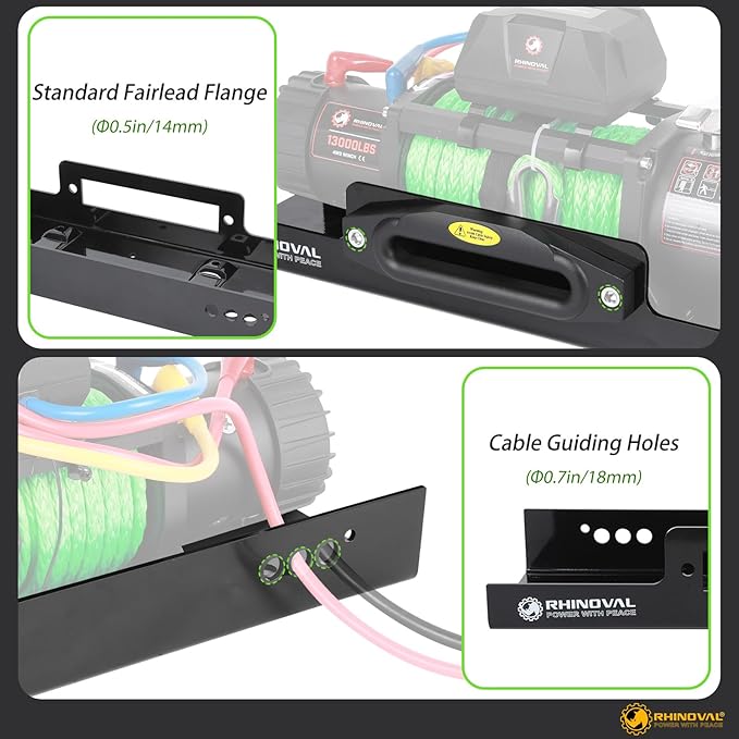 13000lb Winch and Mount Plate Bundle: Green Synthetic Rope, Wireless Remote, Raised Bolt Pattern Mounting Plate
