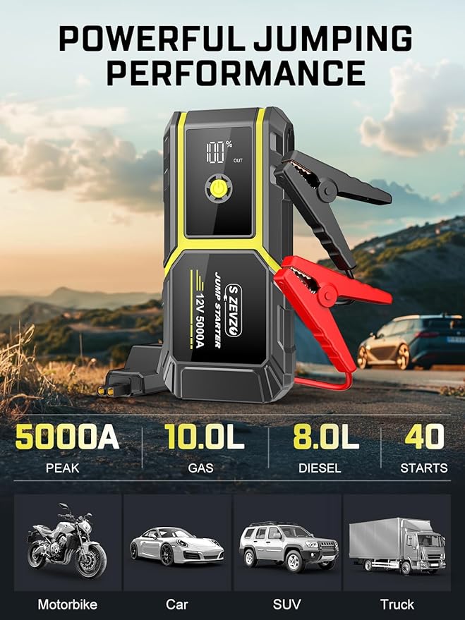 S ZEVZO H021 Car Jump Starter, Peak 5000A Jump Starter Battery Pack for Up to 10.0L Gas and 8.0L Diesel Engines, 12V Portable Jump Box with LCD Display, 3 Modes Flashlight and Protective Carrying Case