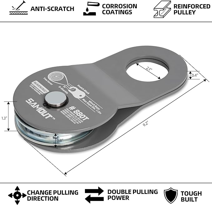 Winch Snatch Block (8.8 US Ton WLL) Recovery Towing Pulley System for Synthetic Rope or Steel Cable with Max Dia. 1/2in