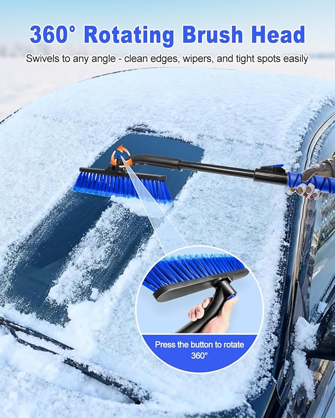 35'' Snow Brush and Ice Scraper for Car Windshield, Retractable Durable Aluminum Rod Foam Grip for Efficient Snow Frost Ice Removal Winter Tools for SUV Trucks Cars Window