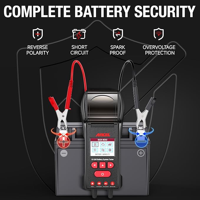 ANCEL BST600 Car Battery Tester with Printer - 12V/24V, 100-2000 CCA, Digital Auto Battery Load Tester - Cranking and Charging System Test for Heavy Duty Truck, Marine, Motorcycles, RVs, SUVs, Boats