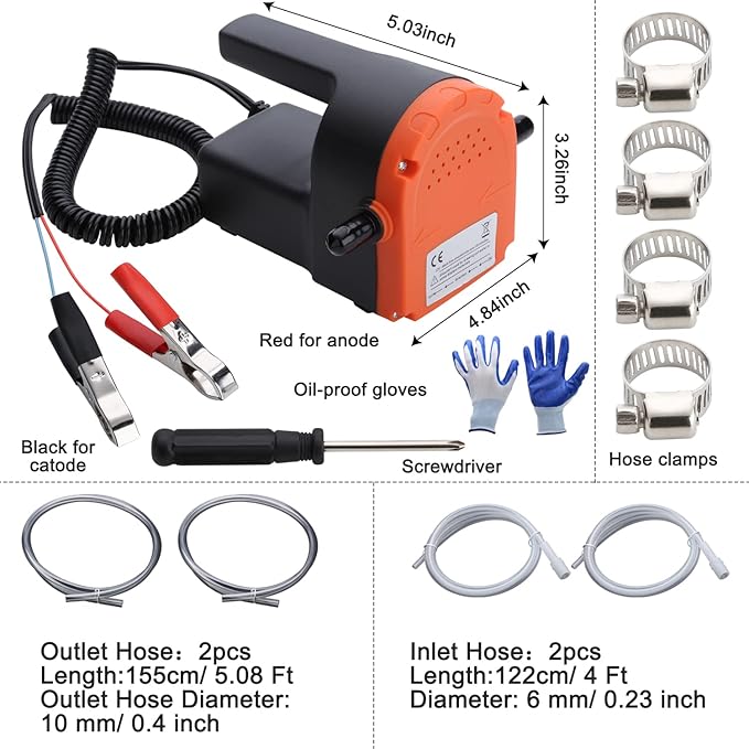 12V 100W Oil Change Pump Extractor Oil Diesel Fluid Pump Extractor Scavenge Suction Transfer Pump with outlet inlet hose, screwdriver, Oil-proof gloves, hose lock, For Boat, Car, RV, Truck