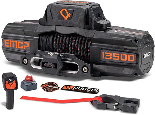 RUGCEL WINCH 12V EMCP Winch 13500lb New Waterproof Electric Synthetic Rope Jeep Winch with Hawse Fairlead,2 in 1 Infrared Remote Control,Dual Color Rope,for Truck SUV