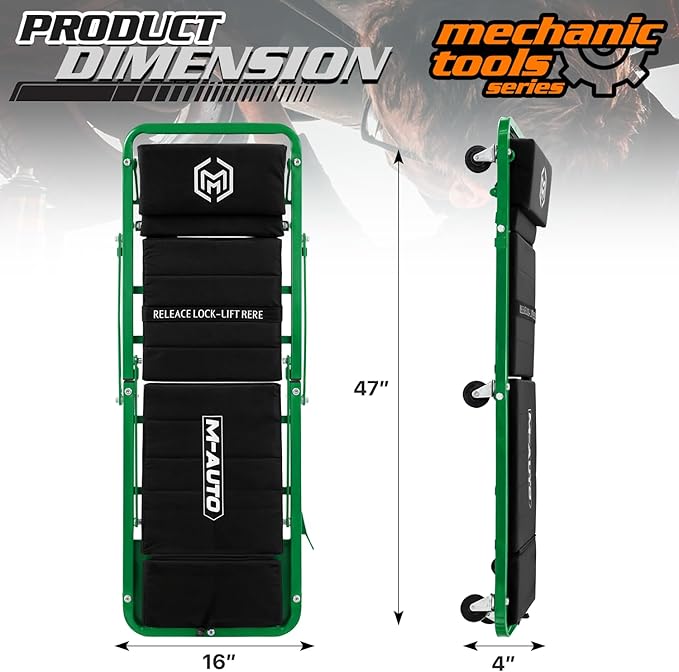 M-AUTO Heavy-Duty Convertible Mechanic Creeper, 48" Padded Adjustable Headrest Roller Garage Chair with 7 Swivel Casters for Washing, Detailing, Maintenance, Green