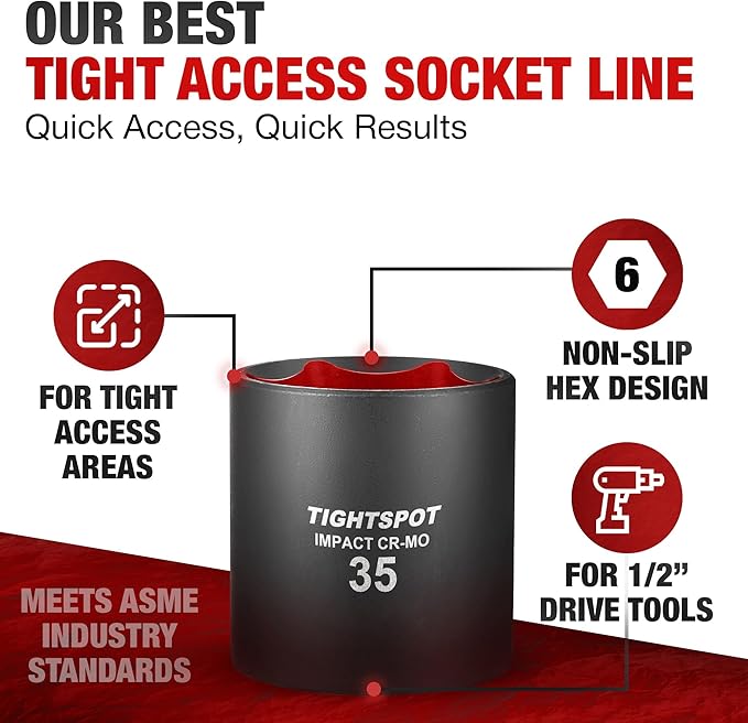 TIGHTSPOT 1/2 Inch Drive - 35mm Shallow Impact Socket with Anti-Rounding 6 Point Design, Heat-Treated CRMO Steel, Metric