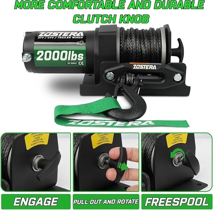 2000lbs ATV Winch with Synthetic Rope Electric Winch 12V Waterproof with Mounting Plate ATV UTV Towing Winch