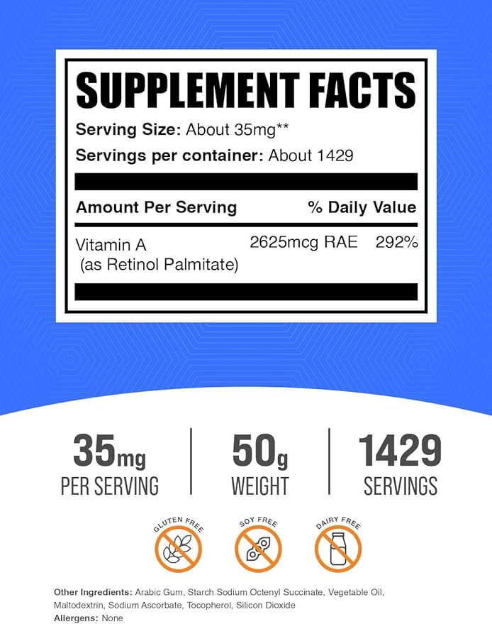 BulkSupplements.com Vitamin A Palmitate Powder - as Retinol Palmitate, Vitamin A Supplement for Immune & Eye Support - Gluten Free, 35mg per Serving, 50g (1.8 oz) (Pack of 1)