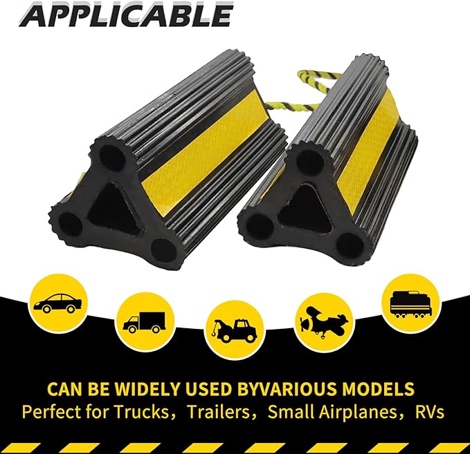Wheel Chocks for Travel Trailers Camper RV Truck Car, Solid Rubber Sturdiness Heavy Duty Simple Easy to Use, Tires Chock Block Stopper with Nylon Rope Yellow Reflective Tape [8.2" 2pair/4pack]
