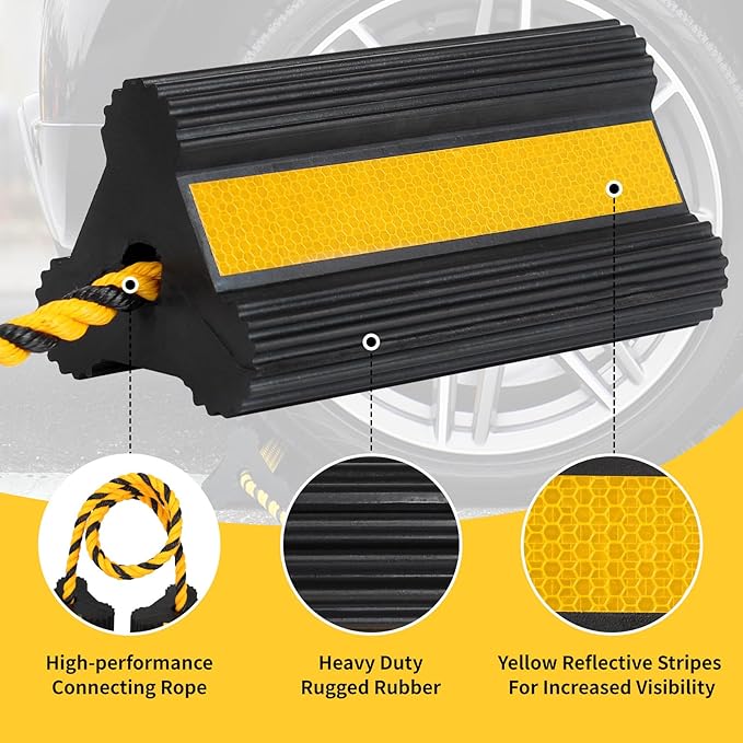OULEME Heavy Duty Rubber Wheel Chocks, 1 Pair, Non-Slip Tire Stopper Blocks with Rope, for RV Camper Travel Trailers Motorhome Aircraft Car Truck