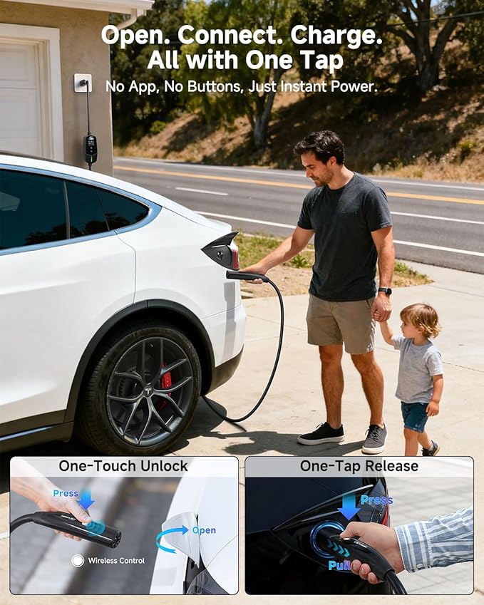 Level 1 & 2 EV Charger for Tesla 16A, Portable Electric Vehicle Charger with 25FT Cable, Adjustable Current & Timer Delay, NACS Connector Compatible with All Tesla Models S/3/X/Y/Cybertruck