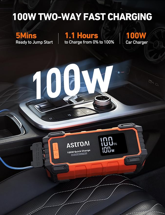 AstroAI Car Battery Jump Starter 6000A Peak 27000 mAh Portable Charger and Jumper Cables for All Gas/12.0L Diesel Lithium Car Jump Starter Battery Pack Cables, 100W Fast Charging