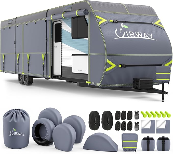 UIRWAY 600D Oxford RV Cover Travel Trailer 30-33ft, Upgraded Waterproof Camper Cover for Toy Hauler, Windproof Rip-Stop Heavy Duty RV Winter, Weatherproof & Anti-UV, 4 Tire Covers,Tongue Jack Cover