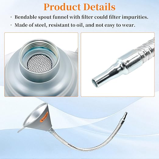24.4" Steel Bendable Spout Funnel with Filter for All Automotive Oils, Metal Flexible Long Funnels for Automotive Use for Transmission Fluid, Diesel Fuel, and Other Liquids, with Gloves