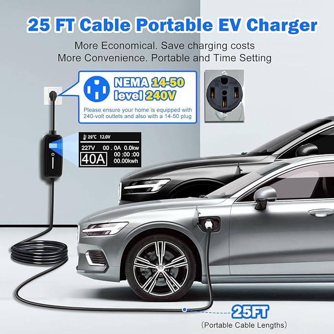 SubSun Adjustable Current, Portable Electric Vehicle Charger with NEMA Plug, Adjustable Current/Delay Charging for SEA J1772 EVs (40A 220V EV Charger, 40A-Level 2(for J1772 EVs)