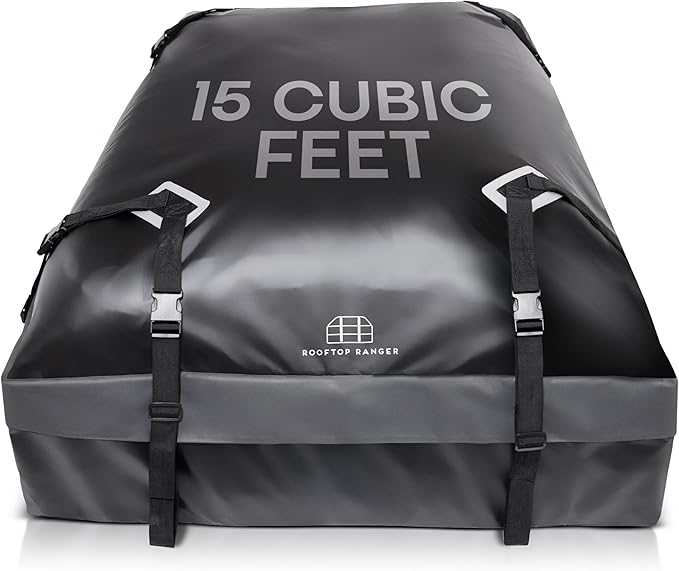 15 Cubic Ft Car Rooftop Soft Shell Cargo Carrier, 100% Waterproof - Car Storage for All Vehicle with/Without Racks - Attached Anti Slip Mat, Storage Bag, 4 Door Hooks & Straps, Lock