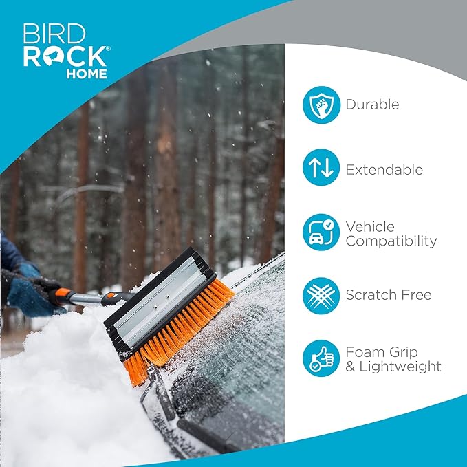 BIRDROCK HOME 58" Extendable Snow Brush with Detachable Ice Scraper | Heavy Duty, Non-Scratch for Cars, SUVs, Trucks | Windshield Paint Friendly | Telescoping Handle, Pivoting Squeegee & Bristle Head