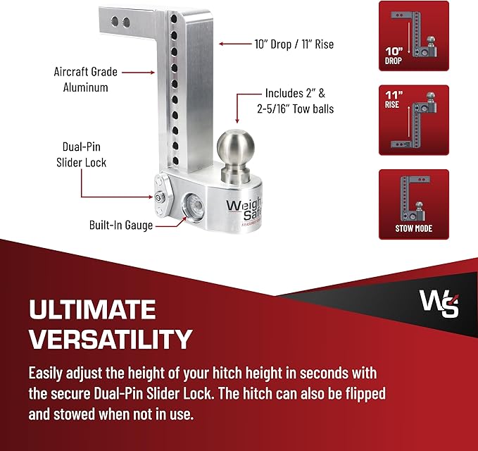Weigh Safe Aluminum Adjustable Trailer Hitch - Towing Hitch with Built-In Tongue Weight Scale - Compatible with 2" Receivers - 10" Drop, Stainless Steel Tow Balls, 12,500 GTW, 1-Piece Lock Set