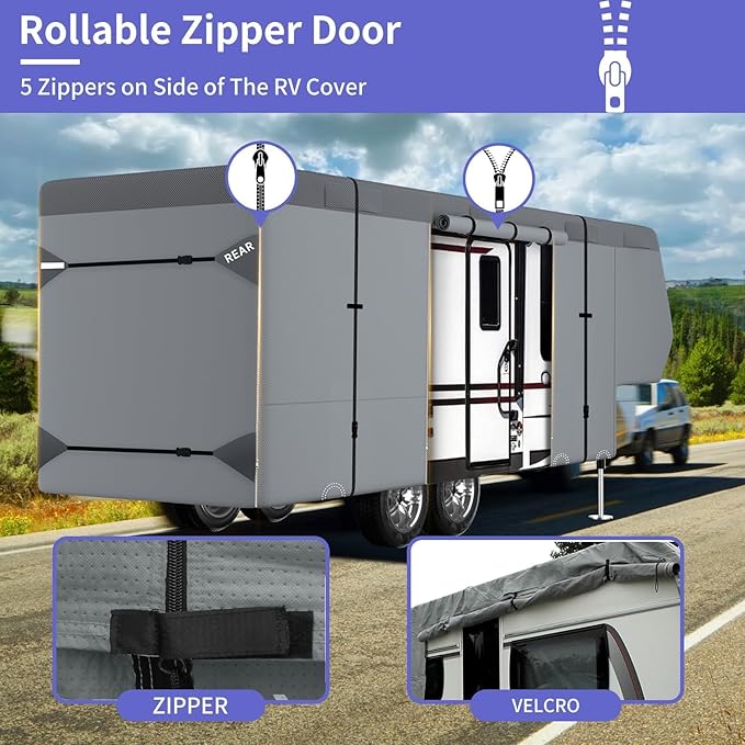 Umbrauto 5th Wheel RV Cover Fits 37' - 40' Travel Trailer Motorhome, Extra-Thick Windproof Camper Cover with 6 Gutter Cover Adhesive Repair Patches, Ladder Cover