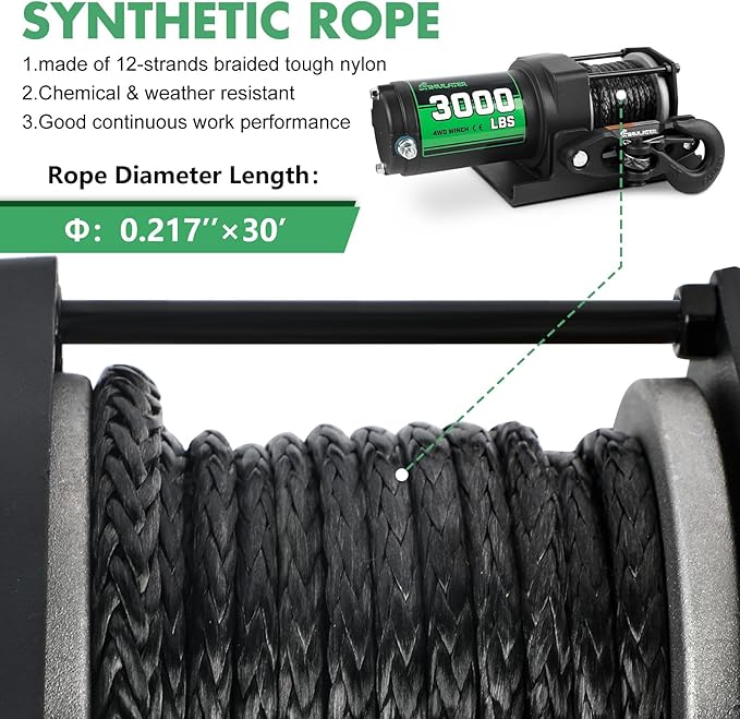 STIMULATER 3000lb ATV Winch with Synthetic Rope,Electric Winch 12V, with Wireless Remote Control and Manual Switch, with Hawse Fairlead,IP67 Waterproof,Suitable for Most Trailer, Boat and ATV Winch