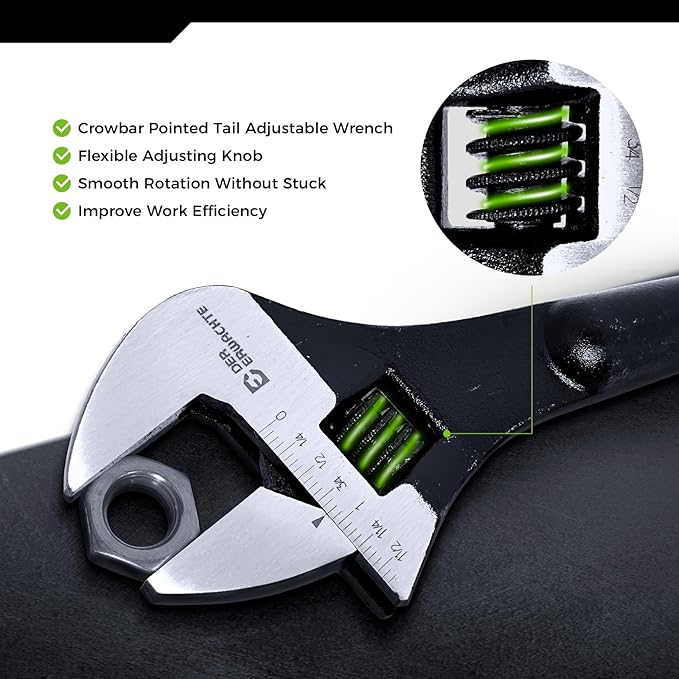 3-Piece Adjustable Construction Spud Wrench Set, 10-inch, 12-inch, 16-inch, SAE and Metric Scale Marked, CR-V Steel with Black Oxide Finish, Alignment Holes and Tail Crowbar Features