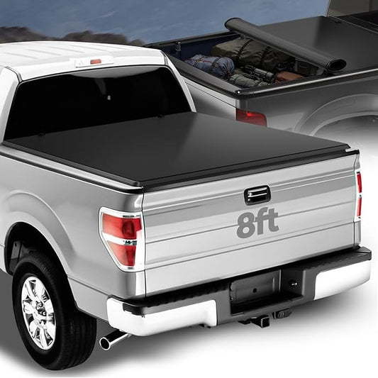 Auto Dynasty Soft Roll-up Truck Bed Tonneau Cover Compatible with 2004-2014 Ford F-150 8Ft/96Inch Fleetside Bed, Matte Black Soft Vinyl Top