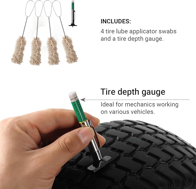 Extra Long Handle Tire Lubricant Brush Applicator Swab Set (Pack of 4), 12.5 Inch Long, Come with Tread Depth Gauge | Universal Fit for Most Common Lube Buckets