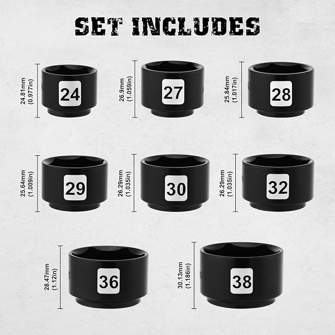 Mayouko 8 Pieces 3/8" Drive Low Profile Oil Filter Cap Wrench Socket Set, 24mm, 27mm,28mm,29mm,30mm,32mm,36mm,38mm,CR-V, Oil Filter Cap Remove and Install Tool Kit