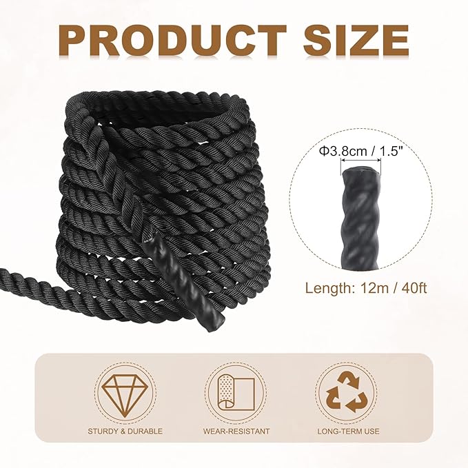 MECCANIXITY Battle Rope 40ft x 1.5 Inch Polyester Workout Rope Heavy Fitness Exercise Rope for Strength Training Home Gym Muscle Building, Black