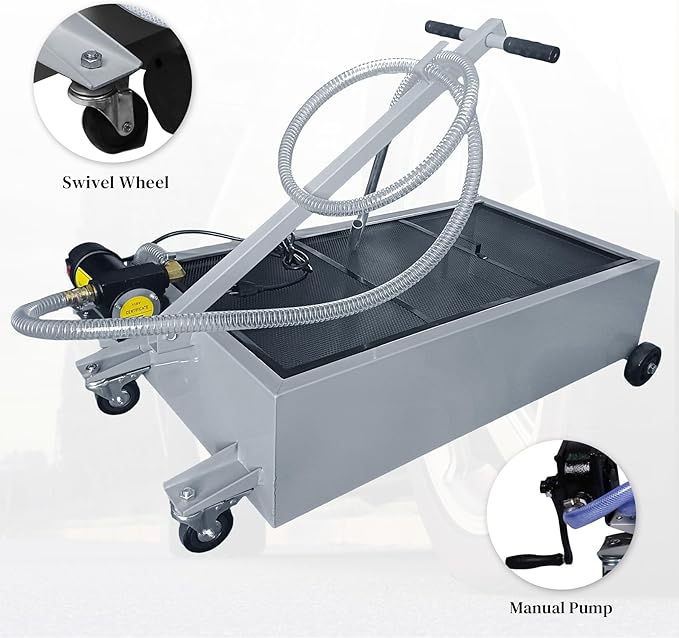 20 Gallon Oil Drain Pan, Low Profile Oil Pans for Changing Oil, w/Electric Pump, T-Handle and J-Hook Makes Drain Easier, Ideal for Car, Truck, Gray