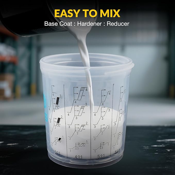 YUZES Paint Mixing Cups System 20 Ounce (600ml), 50 Disposable Paint Cups Liners and Lids, 2 Hard Cup with Retainer Ring, 20 Plugs, PTFE Tape, Paint Stirrer, 2 Cup Adapter for Automotive Paint Gun