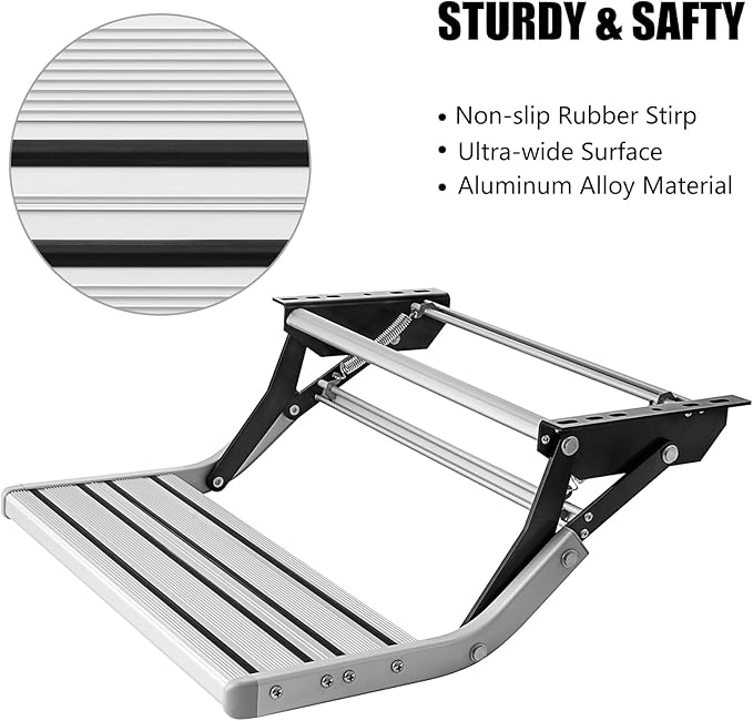 RV Step with Rug, Foldable RV Camper Stair with Ultra Wide Aluminum Step Pedals and Step Rug, Easy to Install and Use, Manual