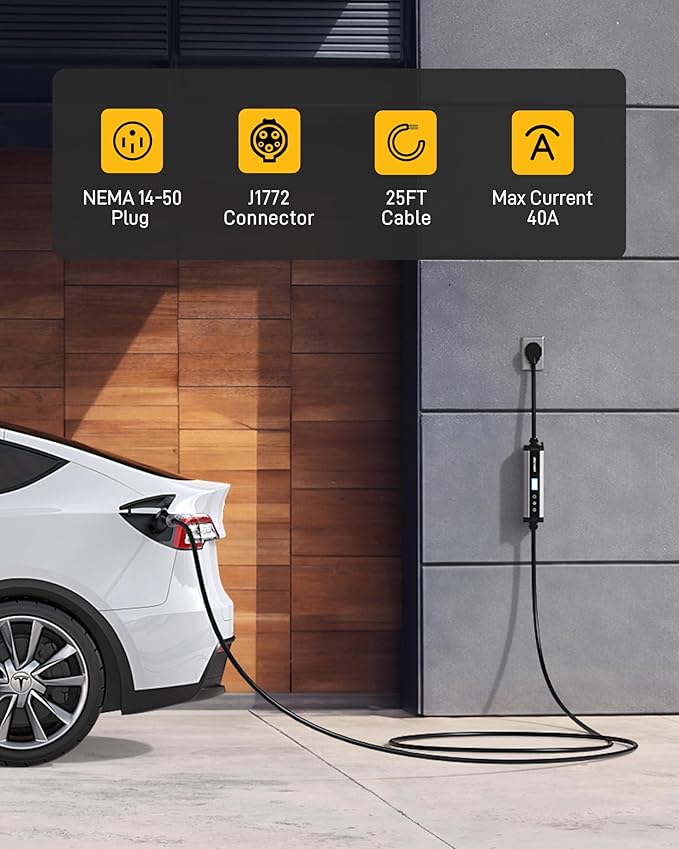 Level 2 Portable EV Charger - 40A 240V EVSE with NEMA 14-50 Plug,9.6kW,25ft Cable,ETL Certified,40A/32A/24A/16A Adjustable Current Home EV Charging Station (40A NEMA14-50 25ft)