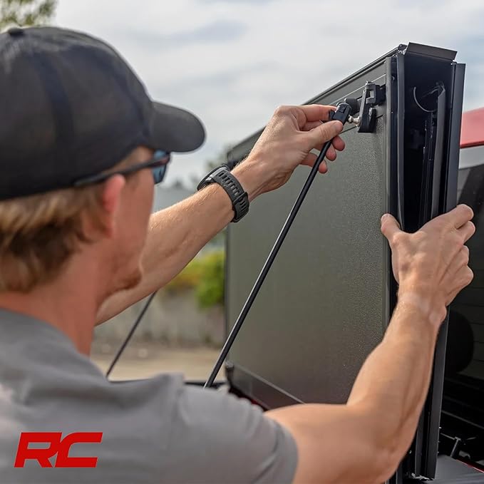 Rough Country Hard Flip-Up Truck Bed Tonneau Cover for Ford F-150 (2015-2020) - Aluminum Tri-Fold Bed Cover