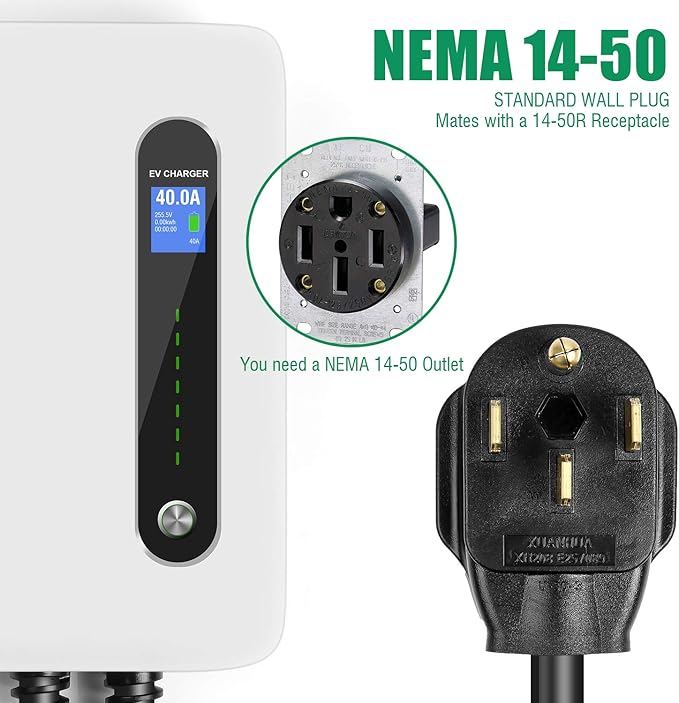 40A EV Charger Level 2 Station,9.6KW NEMA14-50 Wall Electric Vehicle Charging Station for Electric and Hybrid Vehicles with 20ft Charging Cable
