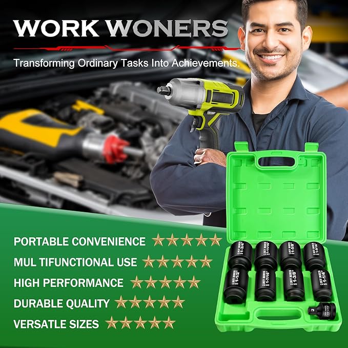 1/2" Drive Impact Socket Set, 9-Piece Standard SAE Deep Axle Nut Sockets, 6-Point, Cr-Mo,1-1/4，1-3/8，1-7/16，1-1/2，1-9/16，1-5/8，1-11/16，1-3/4, Impact Socket Adapter (3/4" x 1/2")