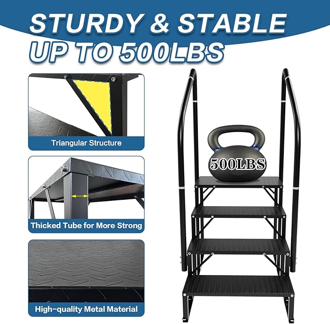 RV Steps With Handrail - 4-Step Stairs for Camper, Trailer, Mobile Home, Hot Tub, Outdoor Spa - Non-Slip Outdoor Stairs