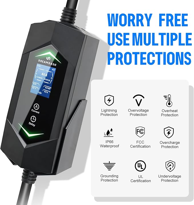 Level 2 Ev Charger for Tesla,NACS Ev Charger with 25ft ETL Listed Cord,6A-40A Adjustable Amps,40A 9.6KW Fast Charging(110v-240v),NEMA 14-50 Plug,IP66 Waterproof Delay Timer LCD Display