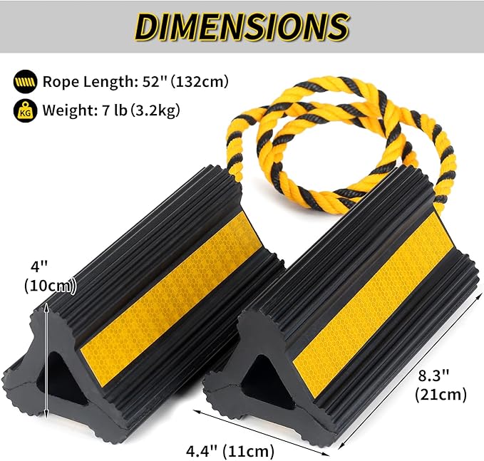 OULEME Heavy Duty Rubber Wheel Chocks, 2 Pair, Non-Slip Tire Stopper Blocks with Rope, for RV Camper Travel Trailers Motorhome Aircraft Car Truck