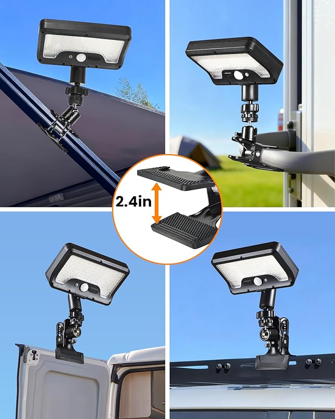 Clip on Solar RV Lights Exterior, 600LM RV Outdoor Lights with Motion Sensor, USB & Solar Dual Charging, 3000/5000/6000K Remote Control RV Porch Light for Camper, Motorhome, Trailer, Camping (2 Pack)