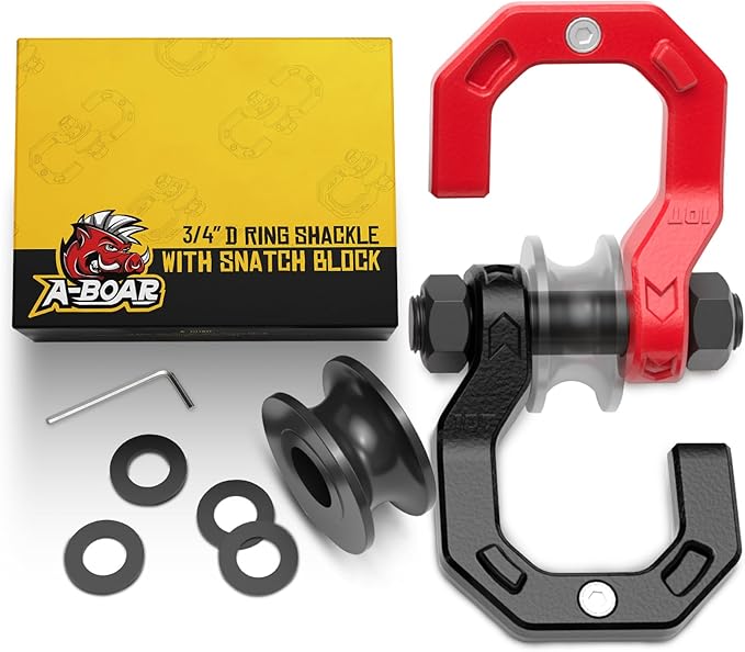Separate D-Ring Shackle with Pulley Block, Towing Winch Snatch Block & 3/4" Separate D-Ring Shackle 2in1 Set, 57320lbs(26T) Breaking Strength, for Recovery, BlackRed