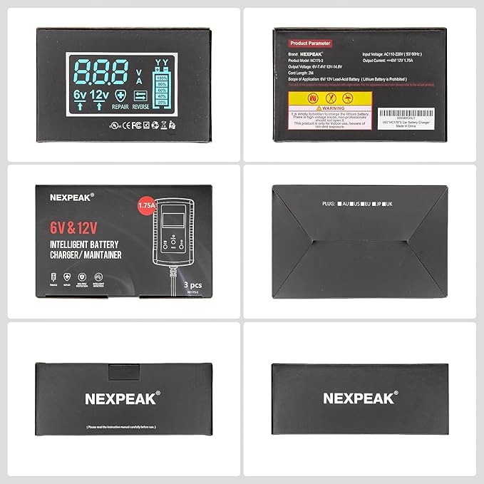 [3-Pack]1.75-Amp Car Battery Charger, 6V and 12V Smart Fully Automatic Battery Charger Maintainer, Trickle Charger, Battery Desulfator for Car, Lawn Mower, Motorcycle, Boat, Marine Lead Acid Batteries