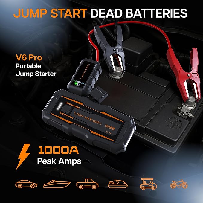 V6 Pro 1000A Car Battery Jump Starter Portable (6.0L Gas & 3.0L Diesel) – 12V Lithium Battery Booster Pack with SmartCharge Safety, Jumper Cables, 10000mAh Power Bank, Jump Box, LED Light