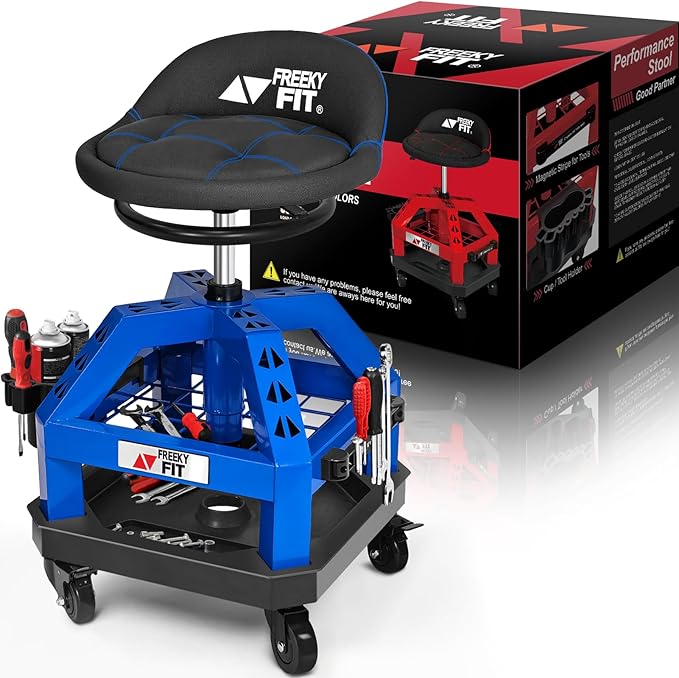 Rolling Shop Stool for Garage with Casters, DO02-Adjustable Height 360° Swivel Shop Seat with Tool Tray Storage, 330 LBS Capacity Padded Mechanic Stool, Magnetic Tool Hold, Heavy Duty, Blue