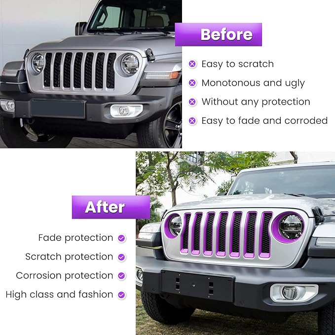 Front Grille Mesh Inserts & Headlight Cover for Jeep Wrangler JL JLU Sport & Sport S Only 2018-2023 Exterior Accessories Clip-in Grille Guard Cover Headlight Bezels Trim Ring (Purple 9PCS)
