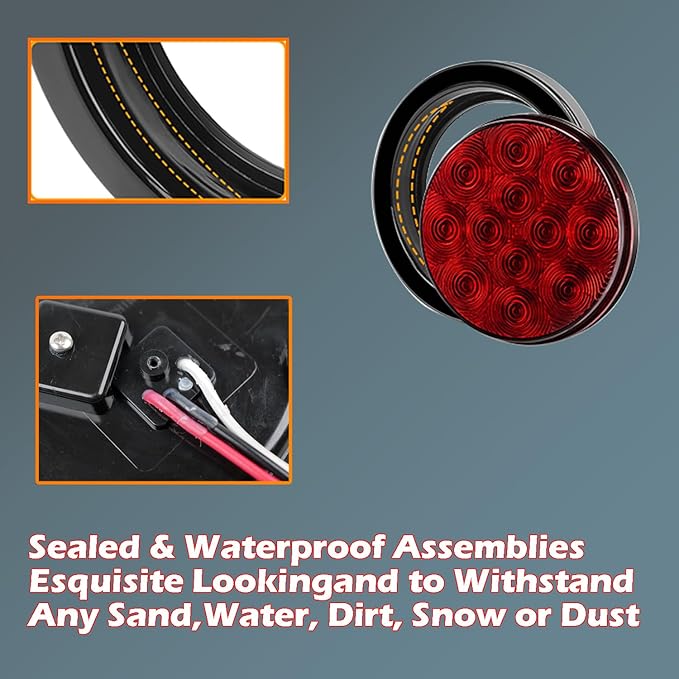 2Pcs 4.2 inchRed Round LED tail trailer light 12 LEDs IP67 Waterproof Stop Brake Turn Signal Reverse marker Tail Light Surface Mount, Light for boat trailer (4" Round Red)
