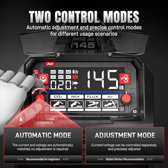 ANDELI 145A MIG Welder 4-in-1，110V/220V Dual Voltage [Large LED Display]Gas MIG/Flux Core MIG/Lift TIG/Stick Multiprocess MIG Welding Machine with Synergy，Full Kit (Bonus MIG Wire&FluxCore Wire)