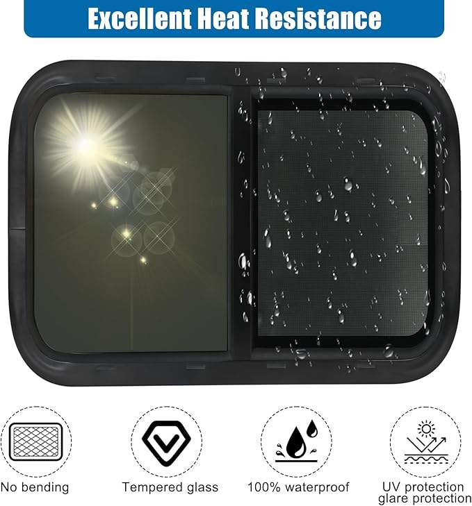 Horizontal RV Window, 30" W x 24" H Tinted Sliding RV Window with Net Screen and Trim Ring, Suitable for 15/16" or 1-3/8" and Slightly Thicker Up to 1/16" Walls, DOT Approved