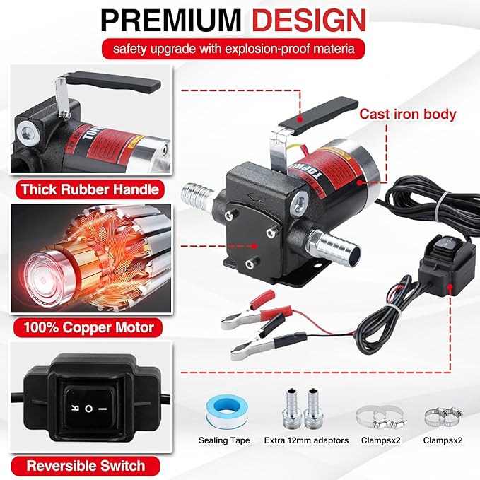 TOPWAY 12V DC Gasoline Fuel Pump 3.7GPM Self-priming Oil Transfer Pump With Handle, Reversible Pumping, Overheat Protection, Explosion-Proof, Built-in Bypass, for Gasoline Fuel Diesel Kerosene Removal