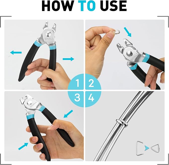 SHALL Bent Hog Ring Pliers Kit with 600pcs Galvanized Hog Rings (3/8’’, 1/2’’, 3/4’’) for Upholstery, Fence, Animal Pet Cages, Bungee Cords, Bagging, Protective Gloves, Storage Case & Bag Included